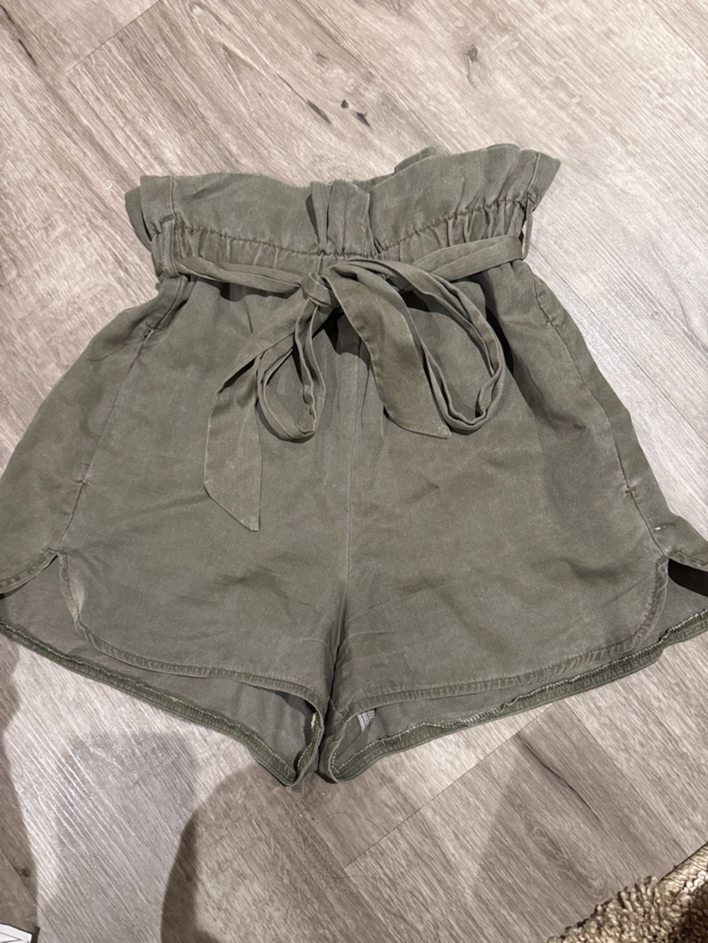 Express Olive Green High-Waist Paperbag Shorts with Tie